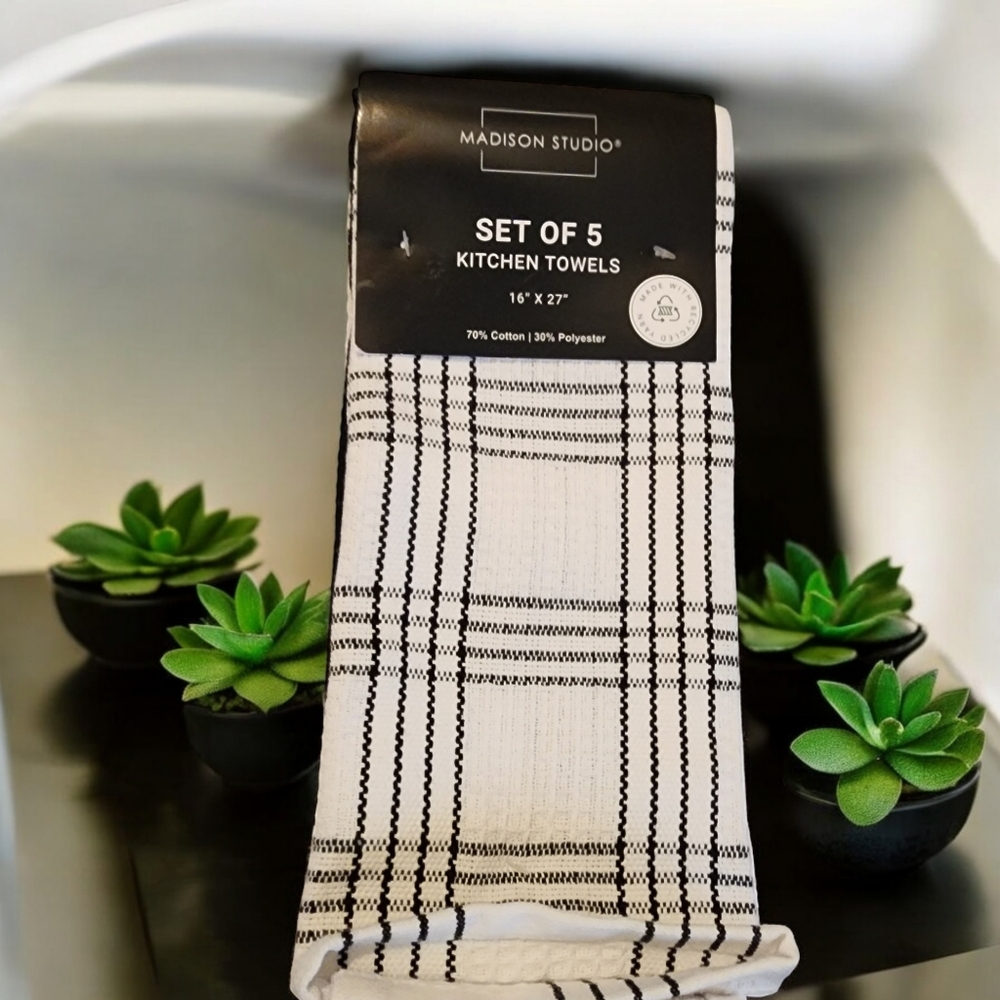 Black White Set of 5 Madison Studio Striped Kitchen Towels 16"x 27" Thick